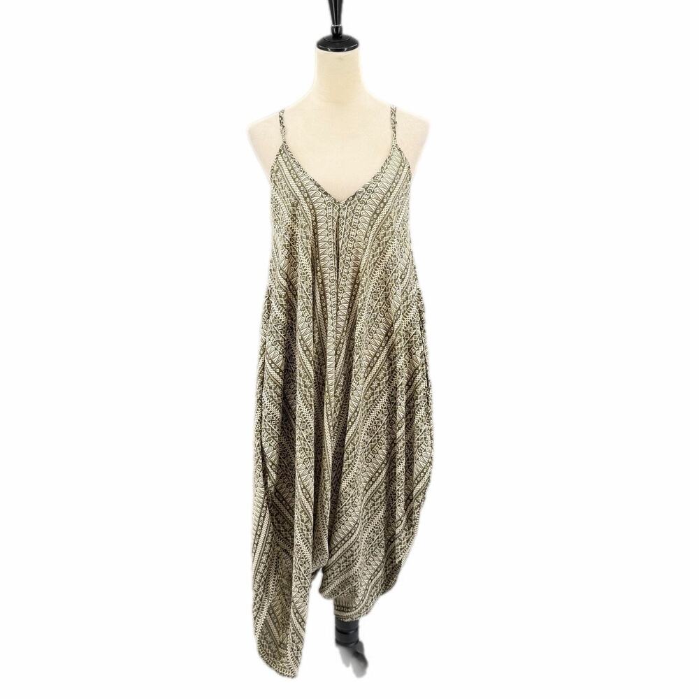 Elan Olive Green Cream Stripe Double V-neck Spaghetti Strap Harem Jumpsuit